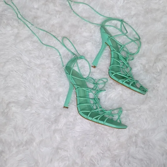 SCHUTZ Heyde Nappa Leather Heeled Strappy Lace Up Sandal Mint Green NEW Size 9.5 - Picture 5 of 10